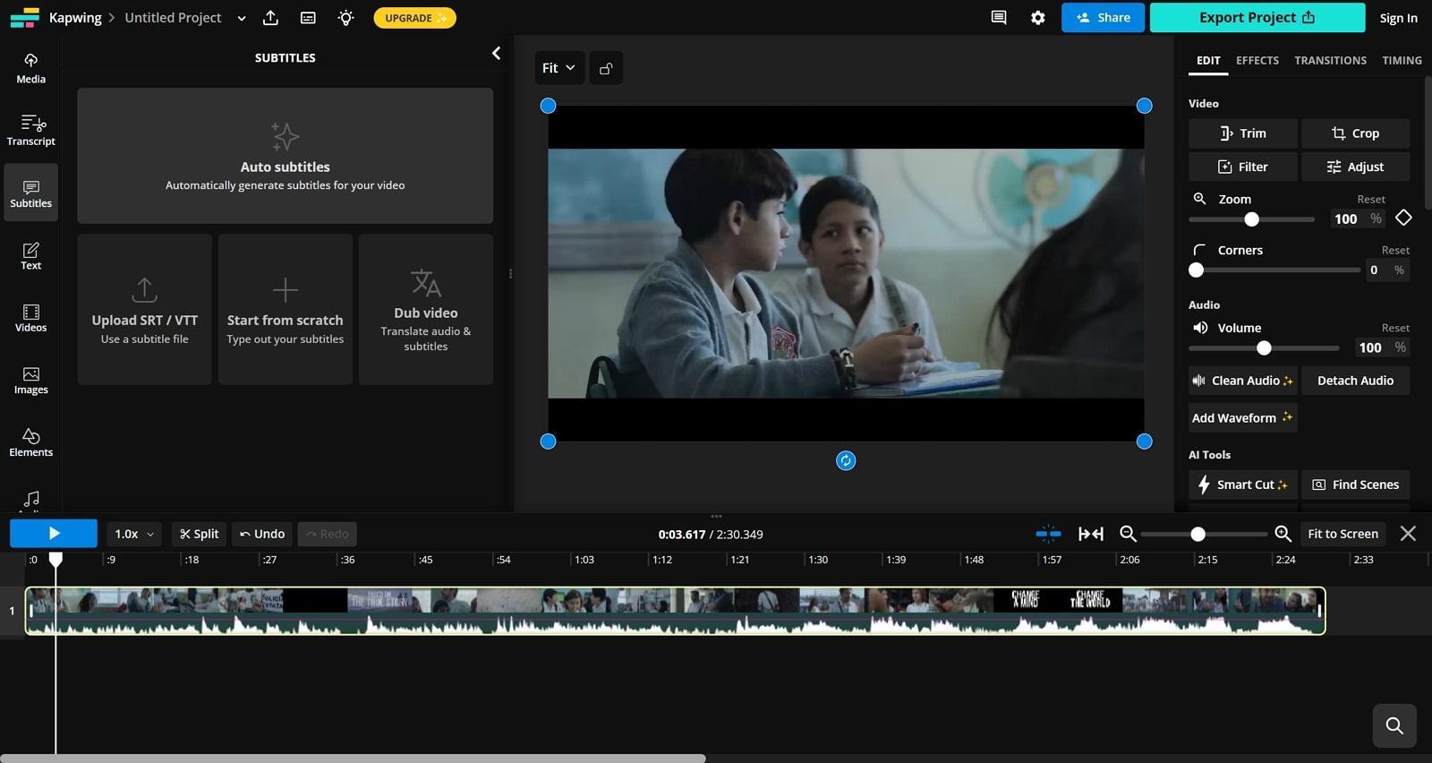 kapwing add subtitles to video
