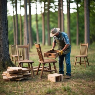 A craftsman working outdoors in a wooded area, arranging wooden chairs and crates. He is wearing a wide-brimmed hat, gloves, and an apron, carefully inspecting a wooden crate. Surrounding him are several rustic wooden chairs and a stack of wooden planks, set against the peaceful backdrop of tall trees.