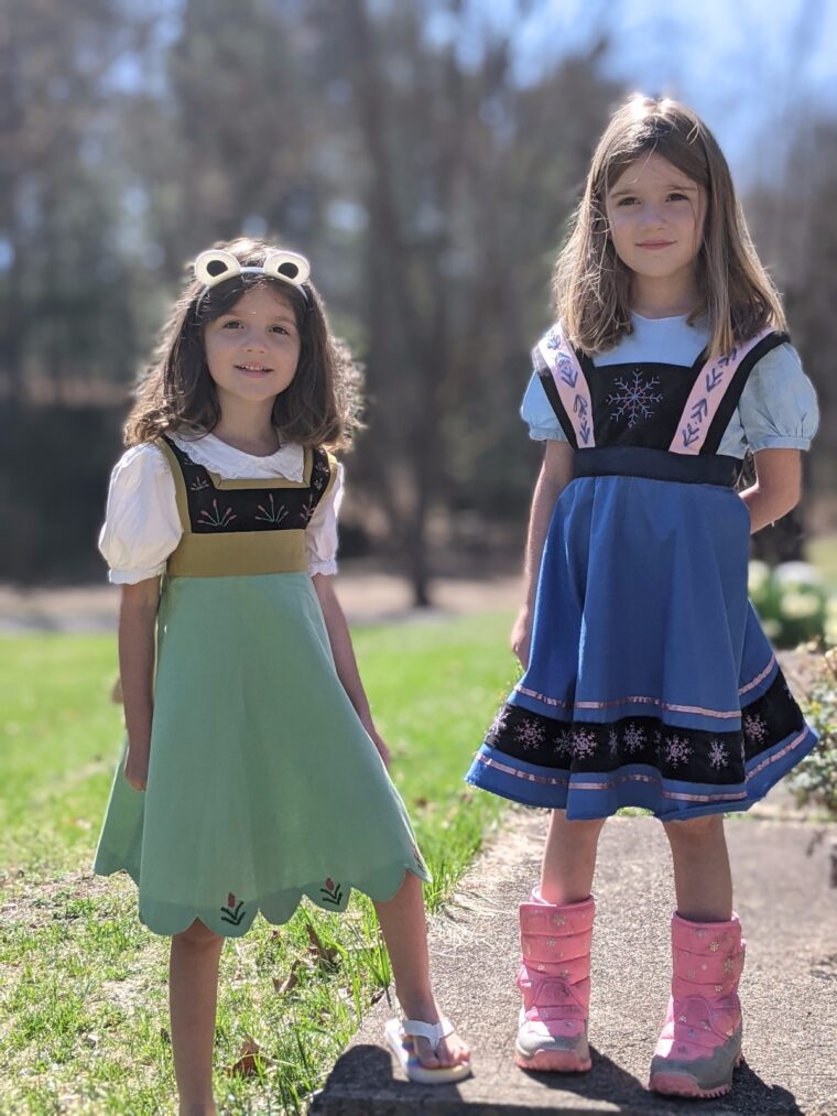 DIY Anna and Elsa as kids dresses.