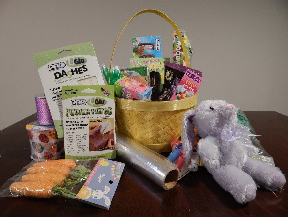 Materials Used: UGluâ“‡, Basket, Various sized treats, Filler grass, Foam bowls (at least 2), Cellophane & Embellishments