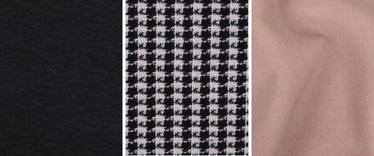 Three coating fabrics: black, houndstooth, and blush