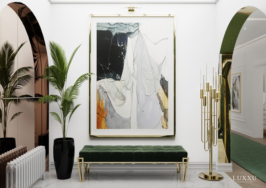 contemporary entryway with neutral, golden and green tones