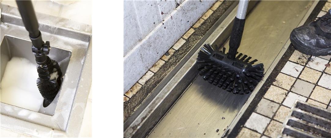 Vikan Black Drain Cleaning Brush and Black High-Low Brush cleaning in the food industry