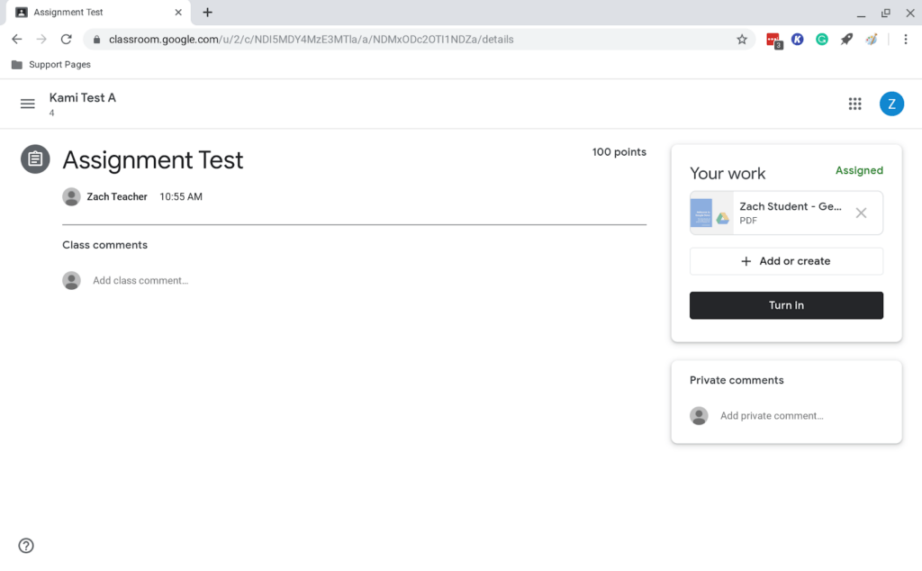 classroom assignments tab