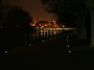 solar ground lights delineating a footpath