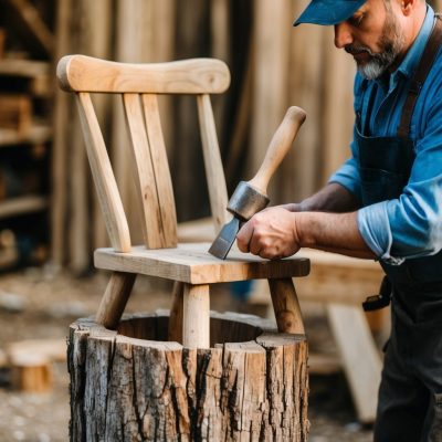 A skilled craftsman using a chisel and mallet to work on a wooden chair. The chair is placed on a large tree stump, acting as a natural workbench. The man is wearing an apron and cap, focusing on the fine details of his craft. The outdoor setting, with its wooden structures in the background, enhances the rustic, hands-on woodworking vibe.