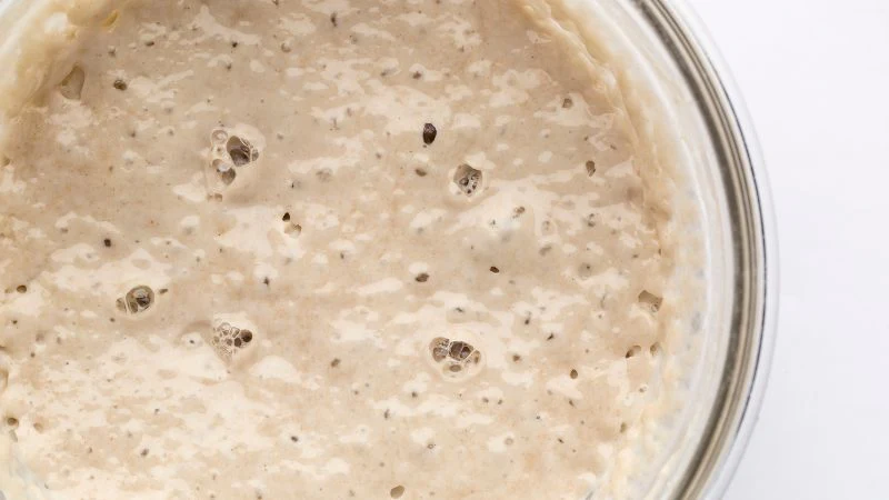 Close-up of a glass jar containing bubbly active sourdough starter.