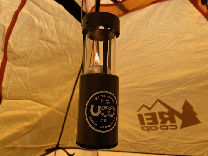 Candle lantern hanging in the tent