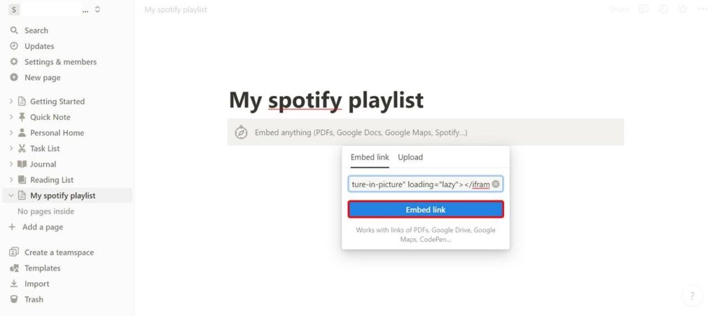 press the embed link button