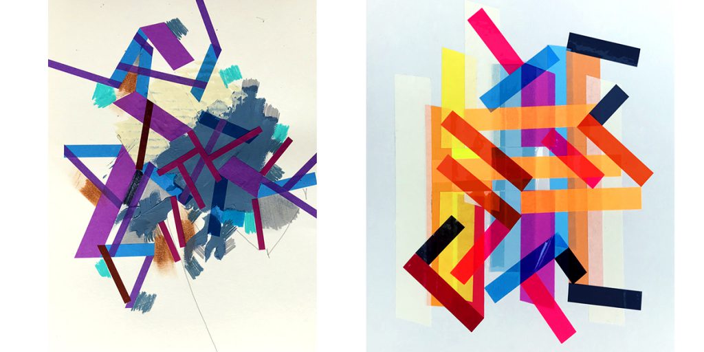 Halaburda likes to combine acrylic paint and felt tip markers with tape to break the angular aspect of the tape