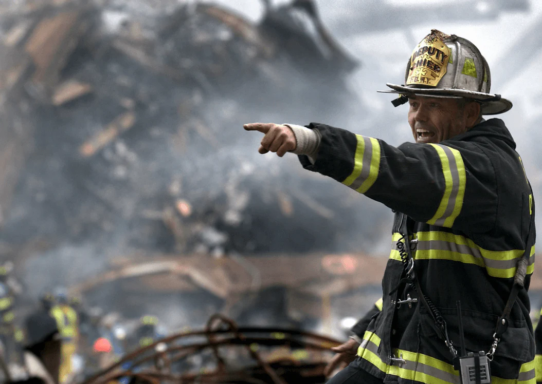 Firefighter on scene pointing