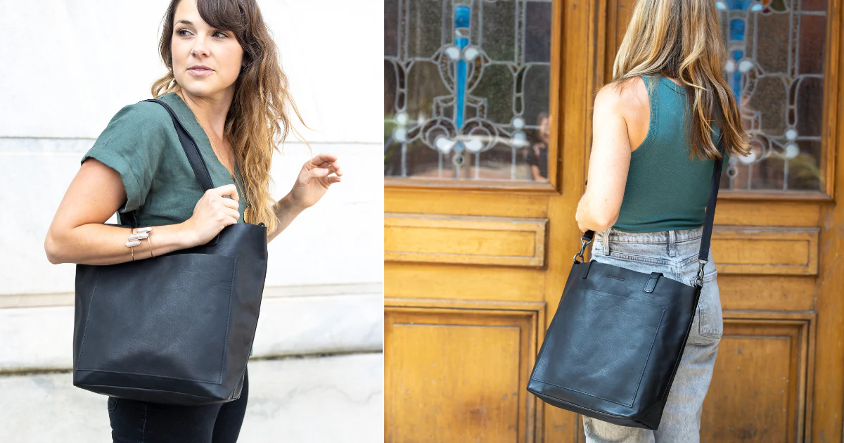 Woman carrying the black leather tote