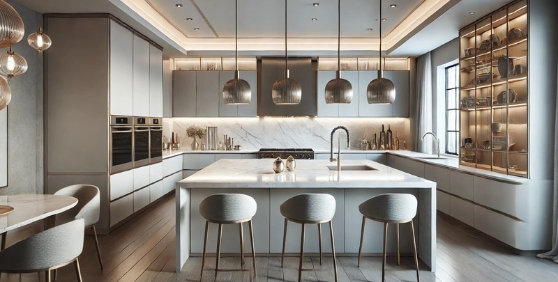 A modern kitchen with LED lighting