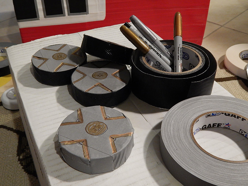 Pro GaffÂ® is easy to write and draw on so once my wheels were covered, I drew some details for hubcaps using black and metallic markers.