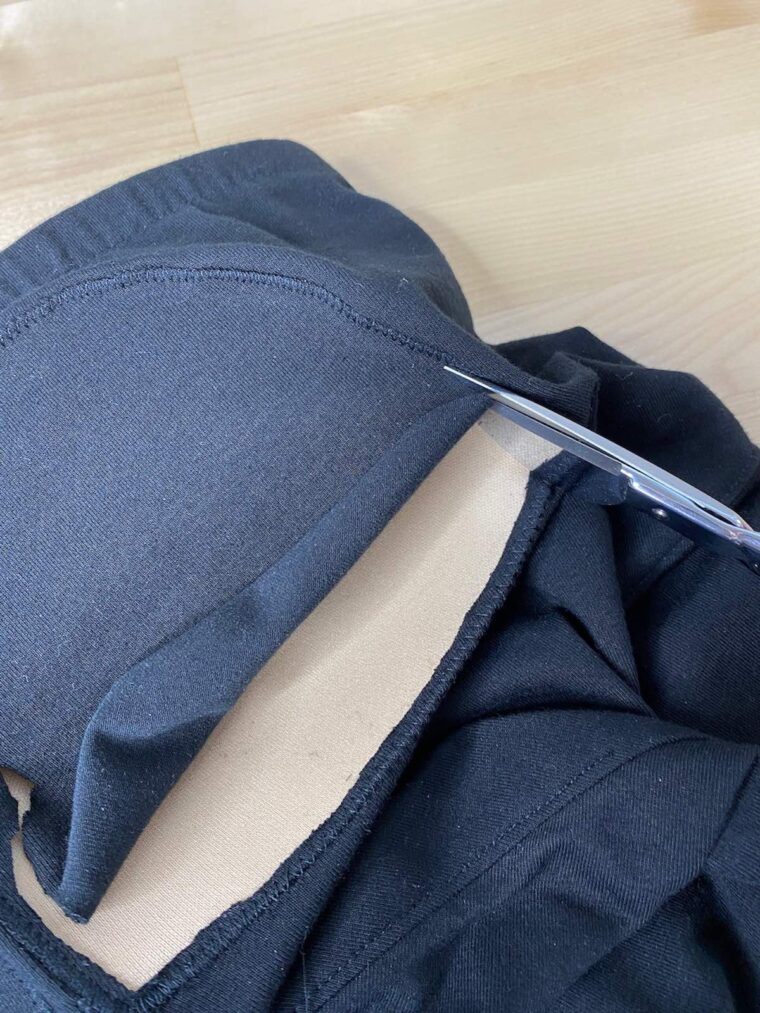 Liesl + Co Tribeca Knit Cami Tutorial: How to add bra cups to a shelf bra-Trim away fabric from inside of bra cup