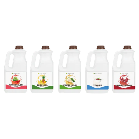 Assorted Tea Zone syrups including watermelon, tropical, winter melon, yogurt, and hibiscus