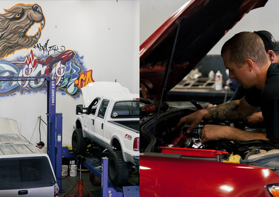 Diesel mechanic performing oil change