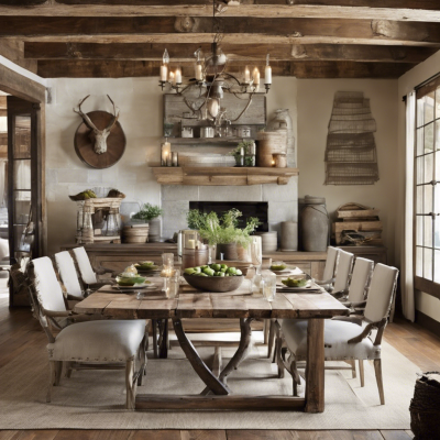 A beautifully styled rustic dining room featuring a large wooden table with upholstered chairs. The space is adorned with natural decor, including wooden accents, potted greenery, and a mounted antler on the wall. Exposed wooden beams, a chandelier, and a cozy stone fireplace complete the inviting and warm atmosphere.