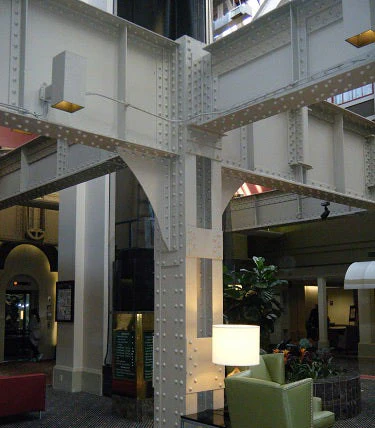 Union Station (U.S, Indiana) â€” featuring columns, girders, I-beams, and other parts assembled from steel plates and angles using structural rivets