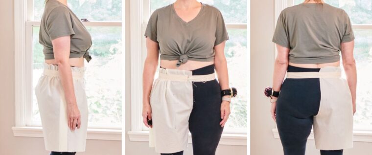 Front, side and rear view of shorts muslin attached to temporary waistband