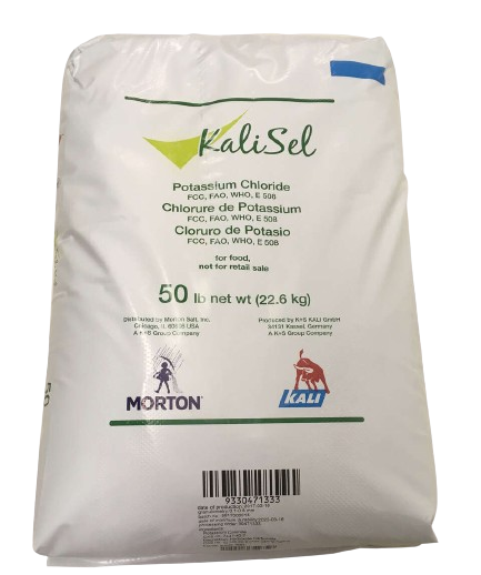 Potassium Chloride FCC w/ Anti-Caking Agent White bag with green writing