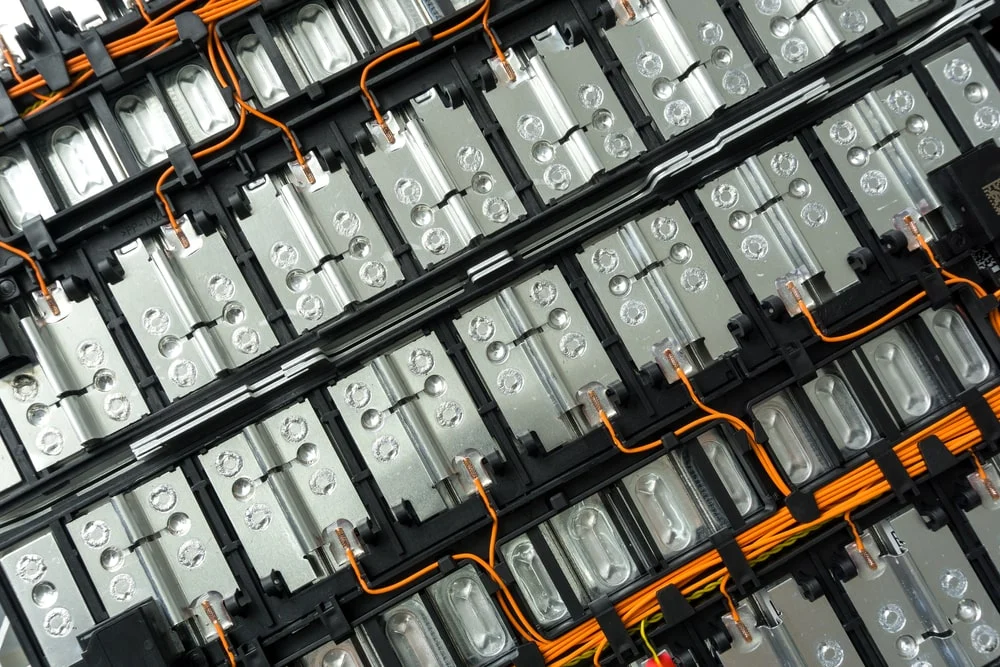 Electric car lithium battery pack and wiring connections internal between cells.