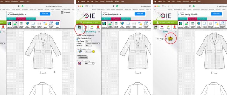 Screenshots of using Online Image Editor to prep line drawings for inspiration board.