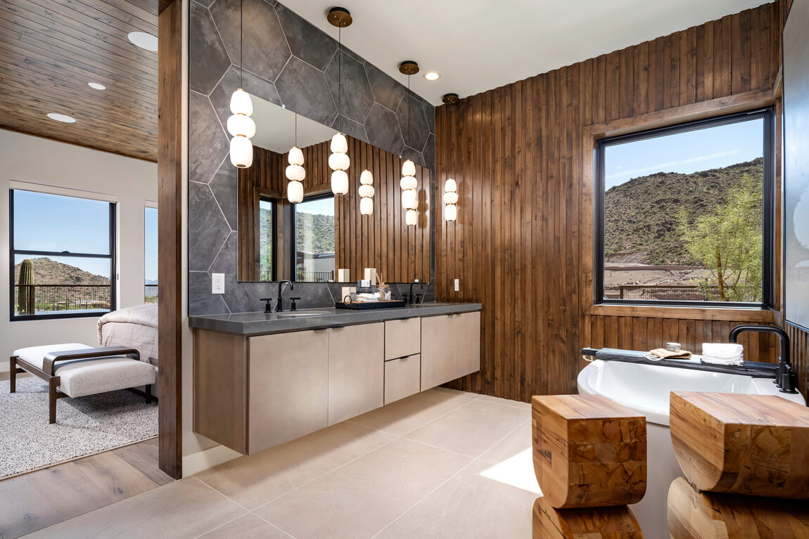 Natural bathroom design highlighted by wood and stone textures