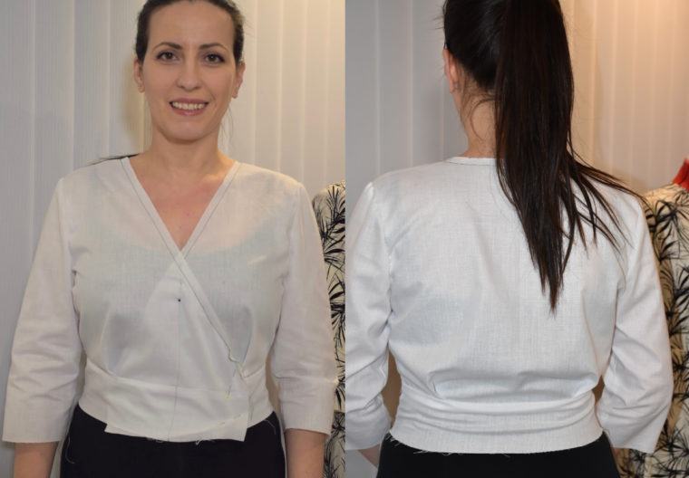 Camelia's second muslin showed that she had resolved her need for full bust, narrow shoulder, and swayback adjustments.