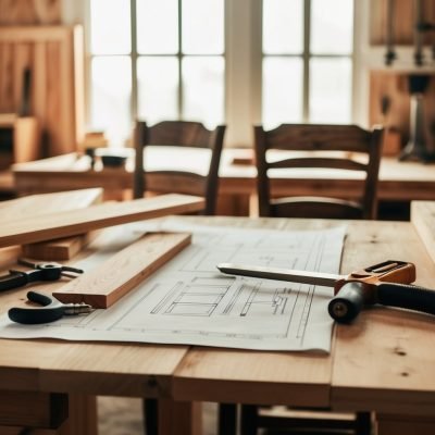 A woodworking project in progress on a well-lit workbench. Blueprints are spread out on the table, accompanied by a chisel, clamps, and wooden planks. Wooden chairs in the background suggest a furniture-making project. The workshop is bathed in natural light coming through large windows, giving the space an inviting and focused atmosphere.