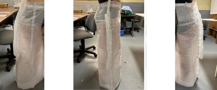 Three images of a woman fitting pants using the Palmer Pletsch tissue fitting method. The left image shows the front fitting, the middle images shows the side fitting, and the right image shows the back fitting.