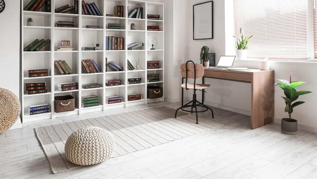 A white, built-in library