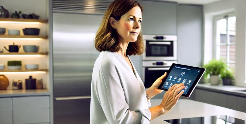 A woman using a tablet to control smart devices