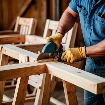 A woodworker using a circular saw to carefully cut a piece of wood in a workshop. He is wearing protective yellow gloves and a blue work shirt. In the background, other wooden furniture pieces, such as chairs, are visible, suggesting ongoing projects. The scene emphasizes precision and attention to detail in woodworking.