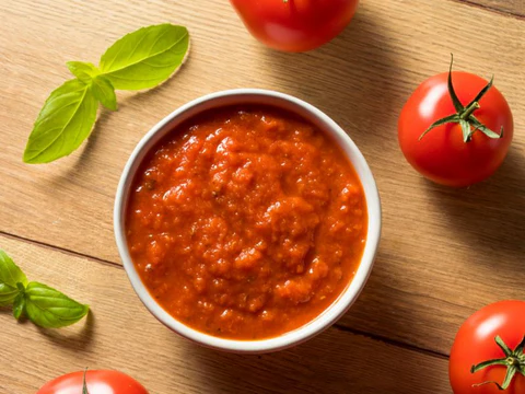 A bowl of tomato sauce sits on a wooden surface, surrounded by fresh tomatoes and basil leaves.
