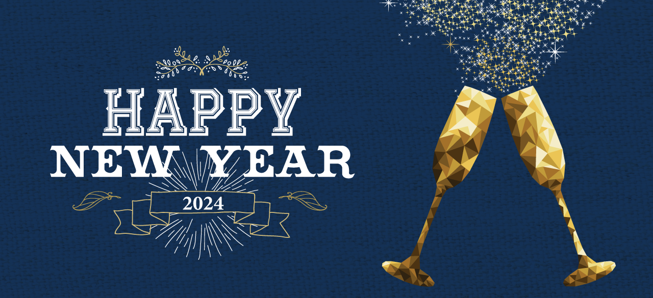 Happy new year 2014 with champagne flutes on a blue background.