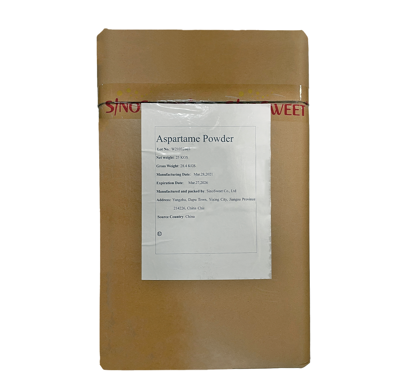 a brown box carton with white label