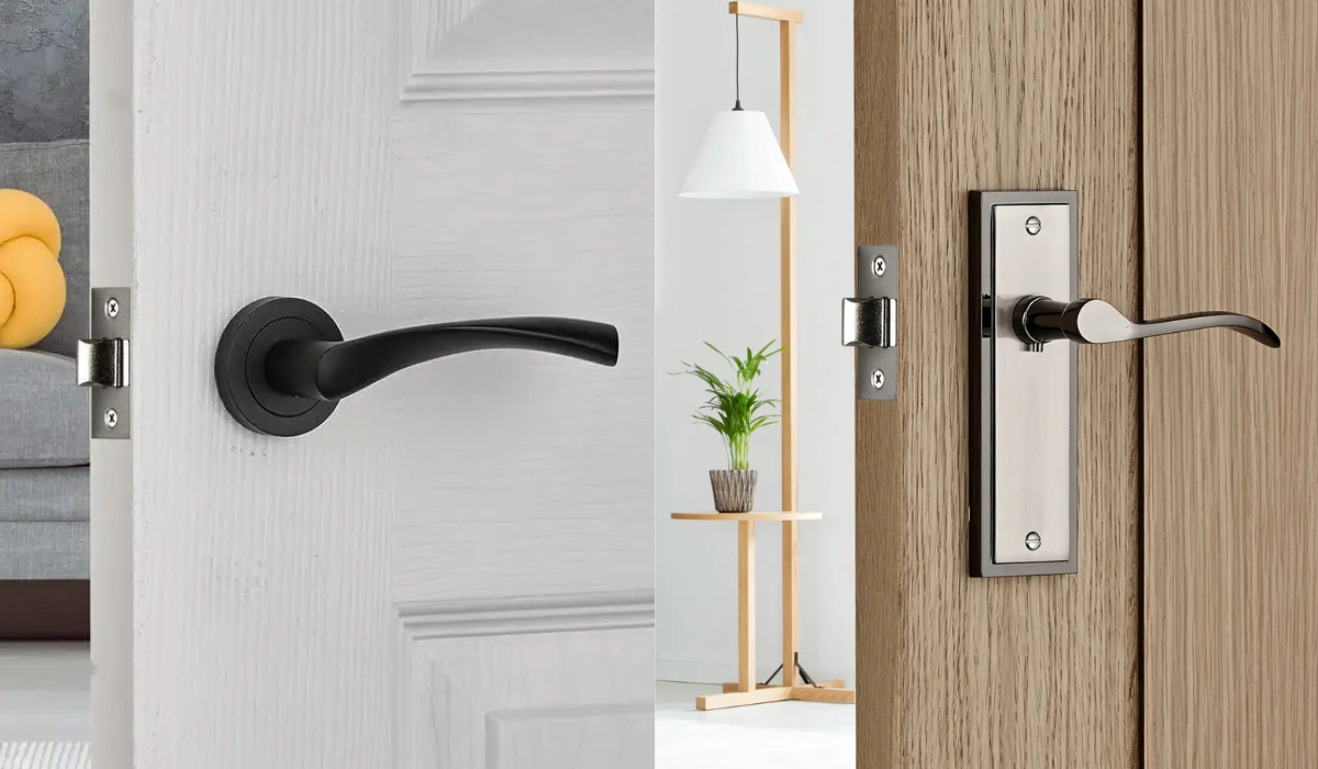 Fire door handle collection - black handle on rose - satin chrome scroll-style handles on long backplate