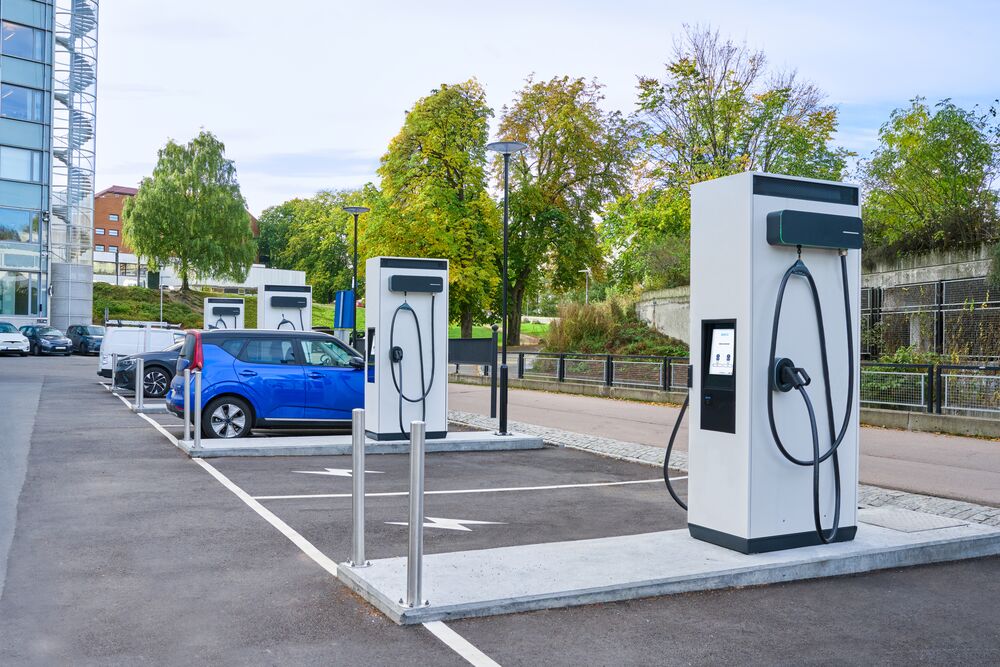 A row of EVBox Troniq Modular charging stations.