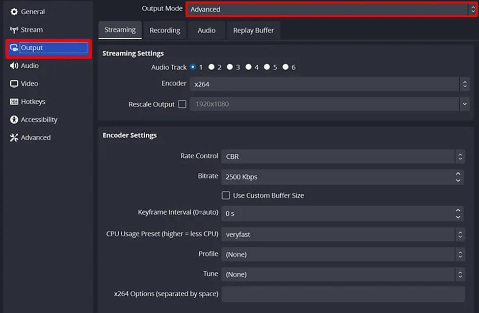 select the advanced output mode