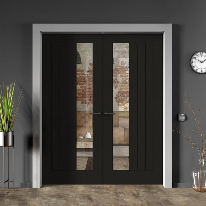 Liberty Doors Internal Black Fully Finished Oak Farley 1 Light Offset Clear Glass Pair Door