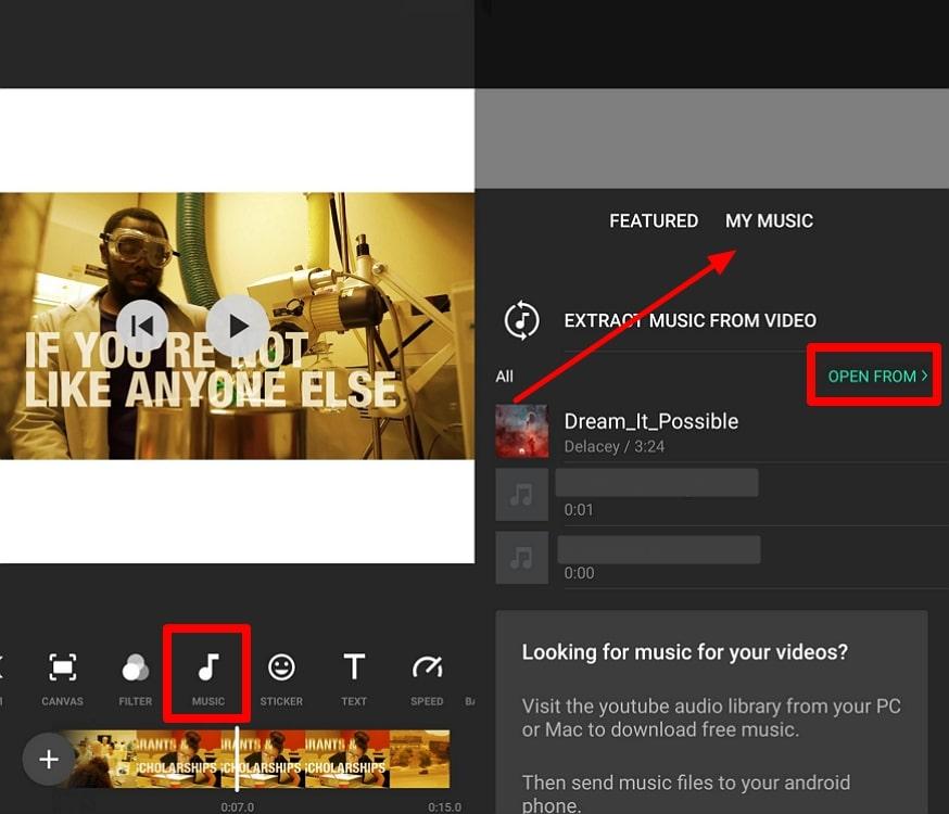 access enter music feature to upload audioÂ