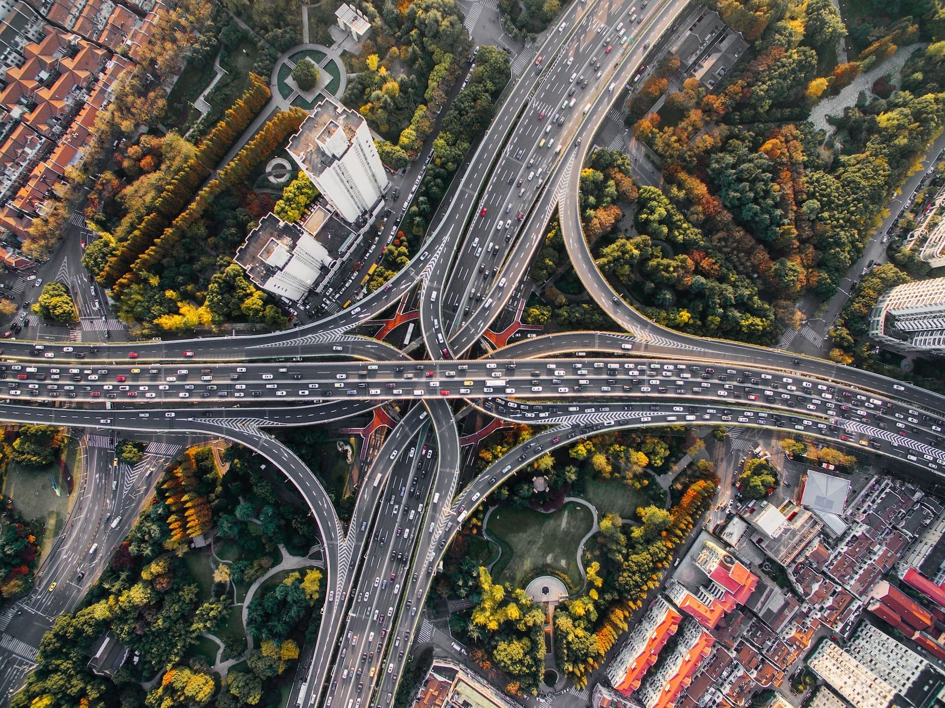 Aerial photo of multiple intersections.