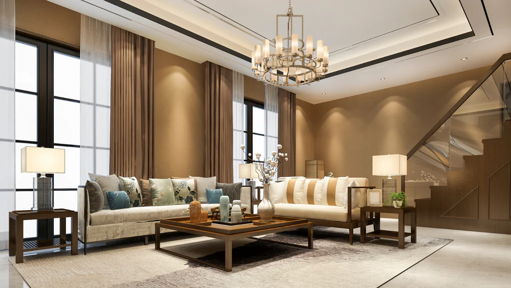 A living room featuring a chandelier