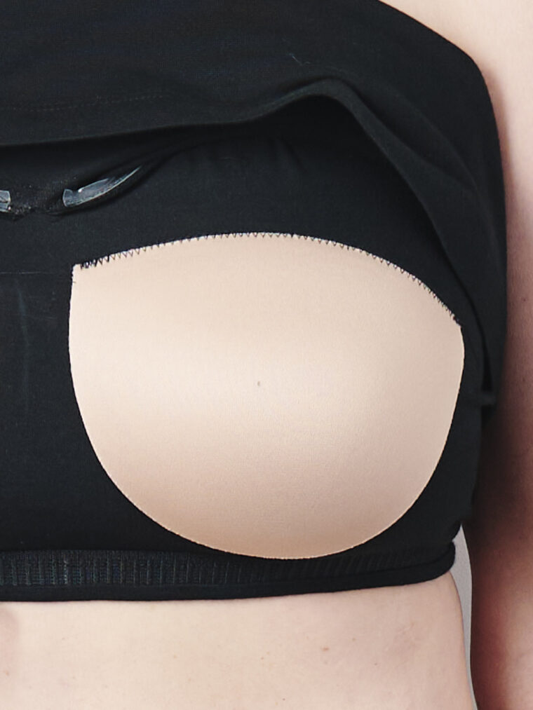 Liesl + Co Tribeca Knit Cami Tutorial: How to add bra cups to a shelf bra-The rest of the bra cups are stitched across the top edge-close up