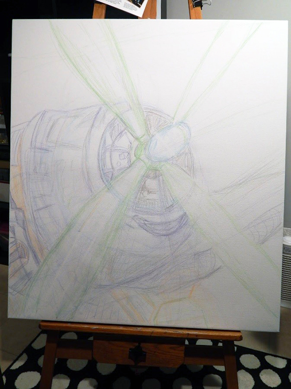The first thing I did was sketch out the plane in watercolor pencil and began to block in some colors.