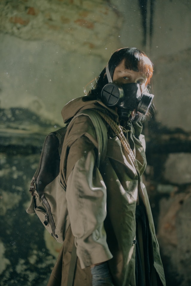 A woman wearing a respirator