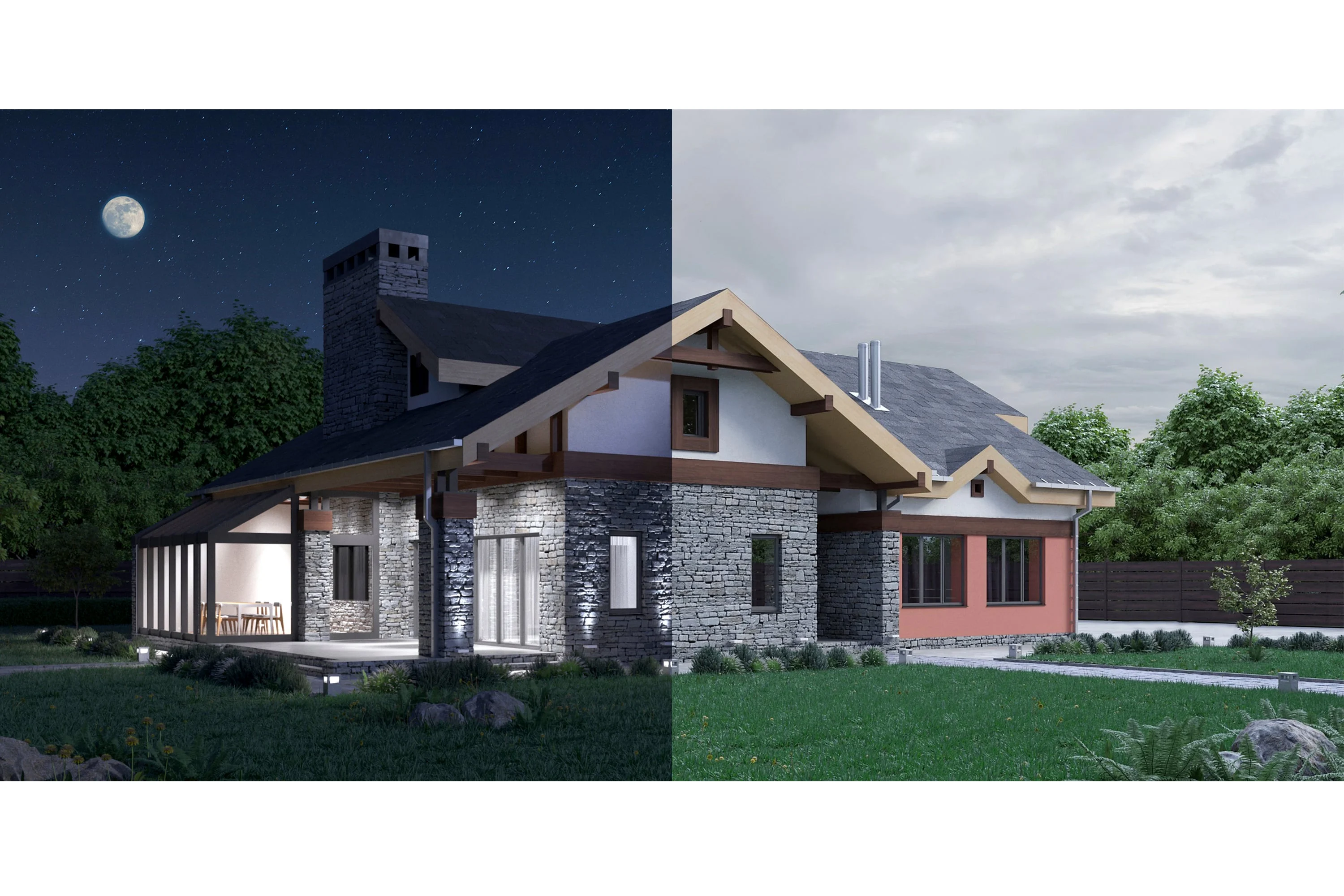 A visual composed of two photos of the same house—one taken at night and the other during the day.