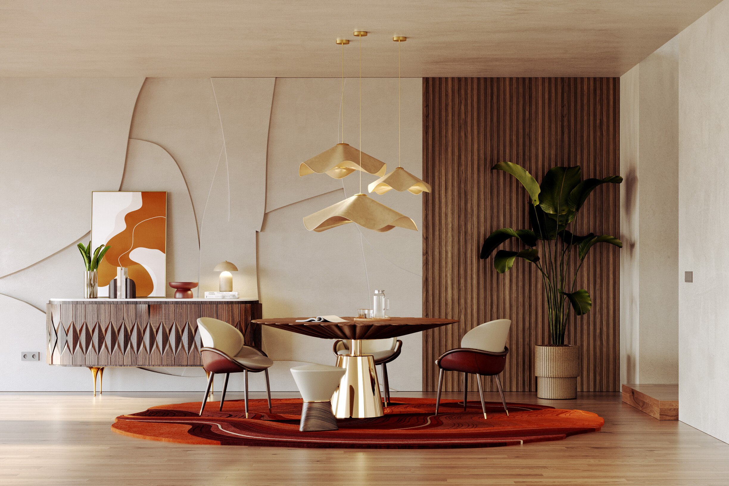 Image: A stylish living room with wood, metal, and glass elements