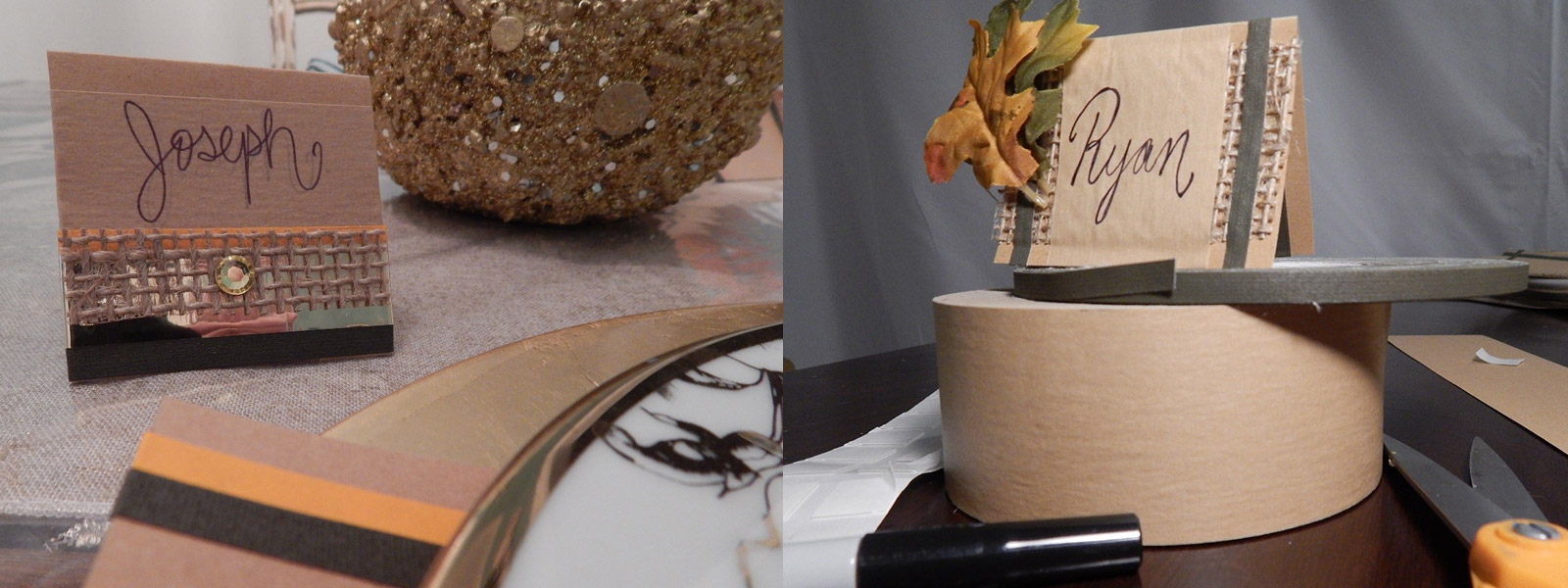 Then I began to make the place cards, because I love an organized table. I cut some cardstock and folded it in half, then... you guessed it, I began to layer with burlap using UGluÂ® of course. I began layering and adding patterns simply with tape.